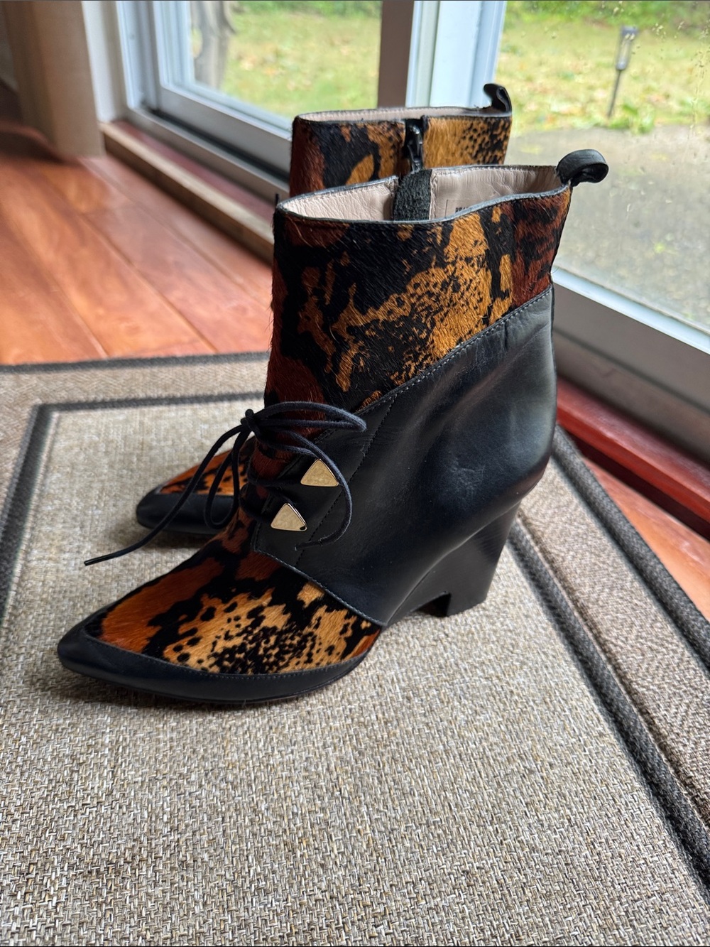 Leopard Print Lace-Up Ankle Boots in Black and Brown